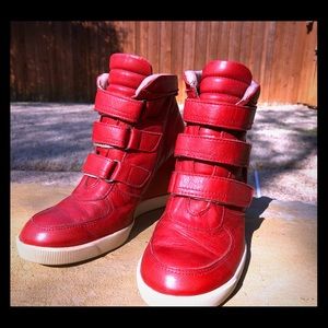 Red leather wedge sneakers